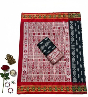 Arzoo kala textiles Self Design, Woven Sambalpuri Chanderi Saree(Red, Black)