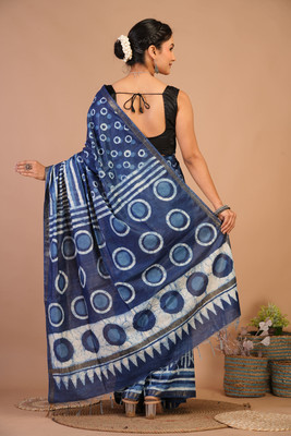 Anuttara Hand Painted Saree with Attached Blouse Cotton Silk Saree(Dark Blue)