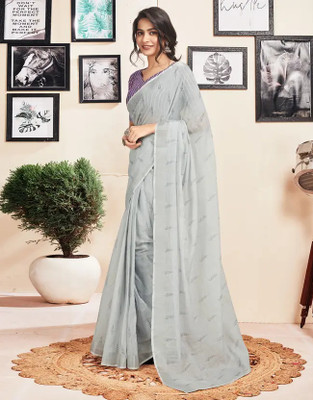 HouseOfCommon Geometric Print Bollywood Cotton Linen Saree(Grey)