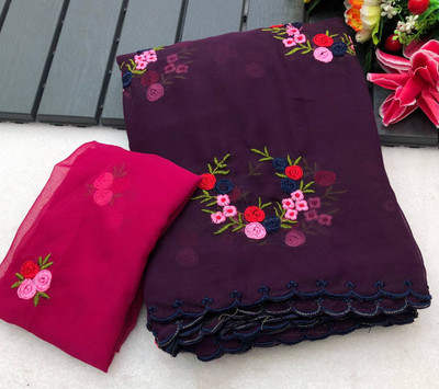 SILKORA Embroidered Bollywood Georgette Saree(Magenta)