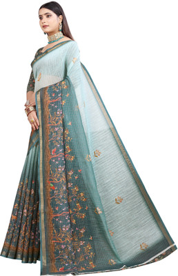 Mervadiya Printed Kanjivaram Pure Cotton, Cotton Linen Saree(Blue)