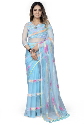 Apnisha Embroidered Bollywood Net Saree(Light Blue)