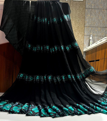 Bombey Velvat Fab Embellished JAINSEM KHASI DHARA Chiffon, Art Silk Saree(Green, Black)