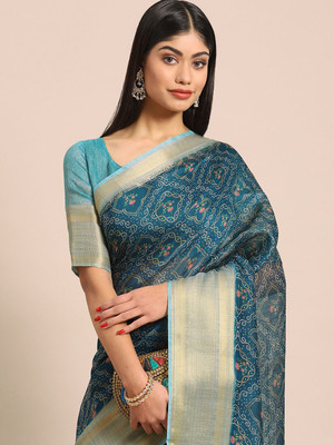 ANOUK Printed Banarasi Linen Saree(Blue)