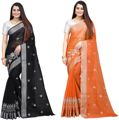 Indian Fashionista Embroidered Bollywood Cotton Silk Saree(Pack of 2, Orange)