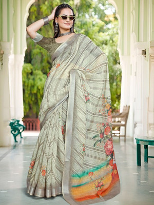 ANOUK Printed Daily Wear Linen Saree(Green)