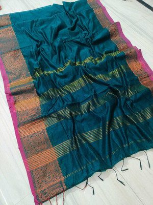 ANU INDIAN FASHION Woven, Temple Border, Self Design Handloom Cotton Silk Saree(Dark Green)