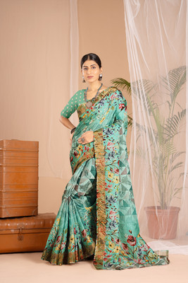 WISHLIST Digital Print Handloom Cotton Blend Saree(Green)