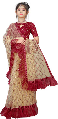 LOXA Self Design Bollywood Net Saree(Cream)