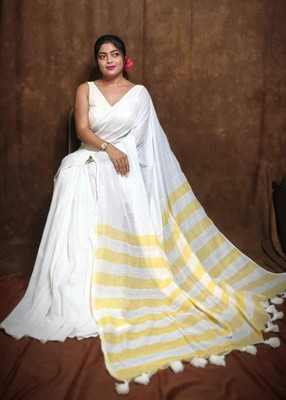 MJ TEXTILE Solid/Plain Handloom Khadi, Pure Cotton Saree(White, Yellow)