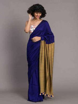 pal saree mahal Solid/Plain Handloom Pure Cotton Saree(Blue, Beige)