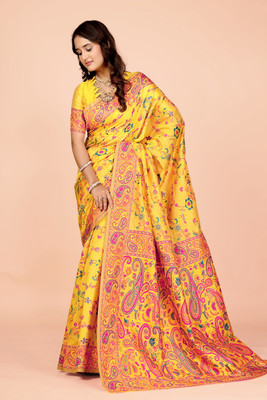 NEZAA EXPORT Woven Kanjivaram Pure Cotton Saree(Yellow)