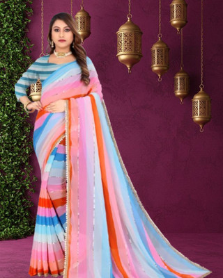 JAYAMENTERPRISE Striped, Printed, Digital Print Bollywood Georgette Saree(Multicolor)