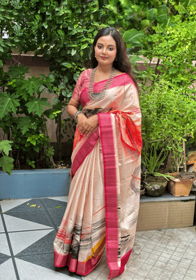 Laxmi Fashion Printed, Floral Print Assam Silk Jacquard, Cotton Silk Saree(Pink, Beige, Multicolor)