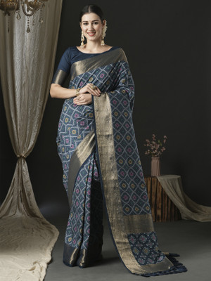 Tasrika Woven Patola Silk Blend Saree(Dark Blue)