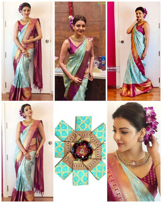 Gold Art Fashion Woven Kanjivaram Jacquard, Pure Silk Saree(Light Blue)