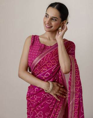 SIRIL Printed Bandhani Chiffon, Georgette Saree(Pink)