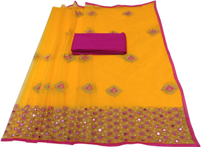 BYUPRI Embellished Bollywood Net Saree(Yellow, Pink)