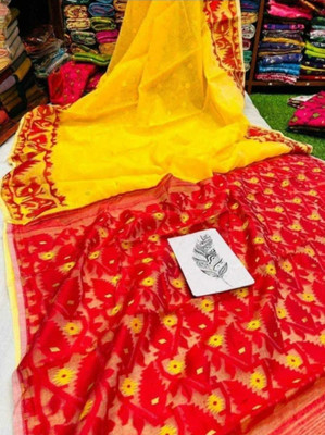 binita Woven Jamdani Handloom Cotton Silk Saree(Yellow)