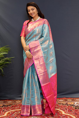 yourwish Self Design Banarasi Cotton Silk, Jacquard Saree(Light Blue)