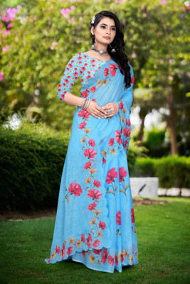 parakhiya fab Digital Print Handloom Cotton Linen Saree(Light Blue)