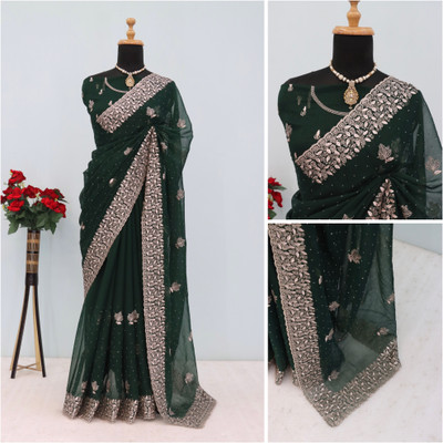 CHAMUNDA CREATION Embroidered Bollywood Organza Saree(Dark Blue)