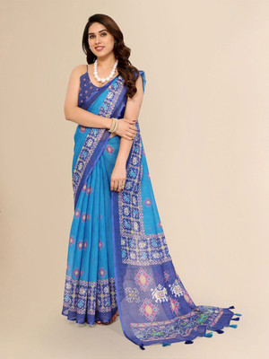 Moda Rapido Printed Bollywood Linen Saree(Light Blue)