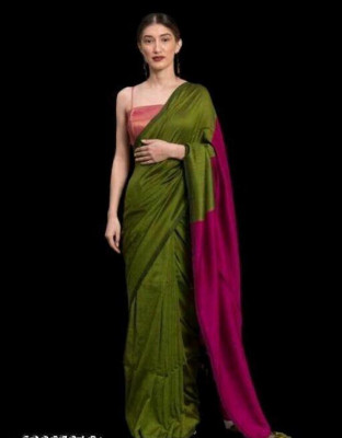 zayraa Self Design, Temple Border Handloom Cotton Blend Saree(Red)