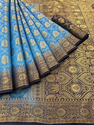 Rupatika Woven Kanjivaram Pure Silk, Cotton Silk Saree(Dark Blue, Light Blue)