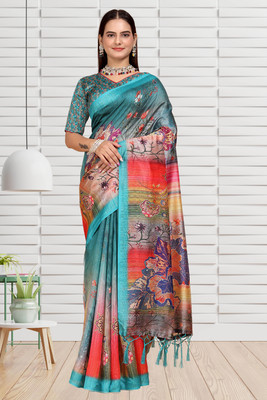 Pranamita Floral Print Daily Wear Silk Blend Saree(Blue)