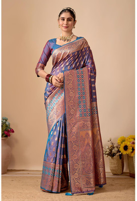 Kathavastra Dyed, Floral Print, Woven Banarasi Silk Blend Saree(Blue)