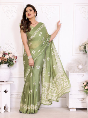 FABMORA Printed, Blocked Printed Hand Batik Chiffon, Georgette Saree(Light Green)