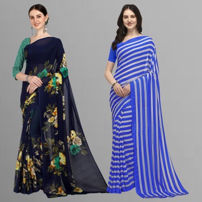 kashvi sarees Floral Print Daily Wear Georgette Saree(Pack of 2, Dark Blue, Light Blue)