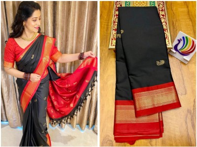 Fab Silk Woven Paithani Cotton Silk Saree(Black, Red)