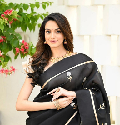 Khodal Zari Work Floral Print, Woven Banarasi Pure Silk Saree(Black)