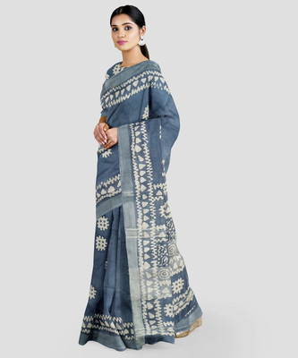 govind handloom Printed Bollywood Cotton Linen Saree(Blue, Beige)