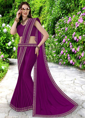 Offirra International Embroidered Banarasi Lycra Blend, Chiffon Saree(Purple)