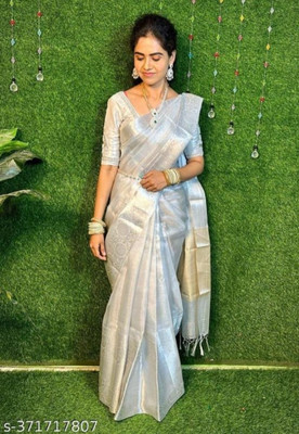 Nilofer Silk Saree Woven, Solid/Plain Banarasi Tissue Saree(Silver)