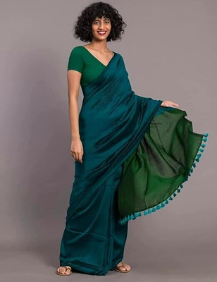 LushLooms Solid/Plain Handloom Cotton Blend Saree(Green)