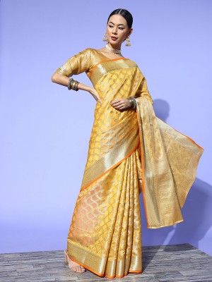 Divastri Floral Print Banarasi Silk Blend Saree(Yellow)