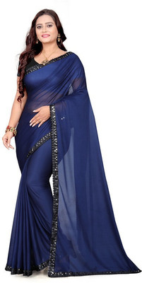 Foxsite Solid/Plain Bollywood Lycra Blend Saree(Dark Blue)