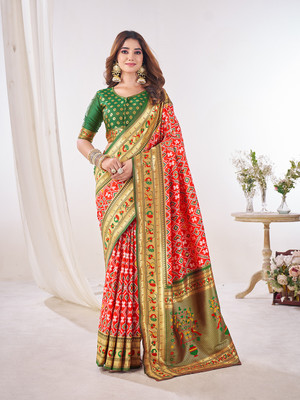 Pandadi Saree Printed Paithani Cotton Silk Saree(Multicolor)