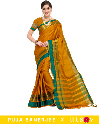 Divastri Striped, Solid/Plain Bollywood Silk Blend, Cotton Blend Saree(Mustard)