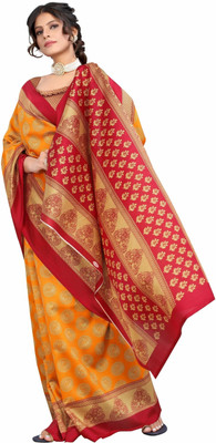 HouseOfCommon Digital Print Bandhani Cotton Blend Saree(Mustard, Red)