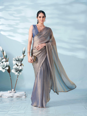 LOROFY Solid/Plain Bollywood Silk Blend, Chiffon Saree(Silver)