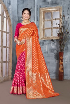 Sariya Woven Banarasi Silk Blend, Jacquard Saree(Pink, Orange)
