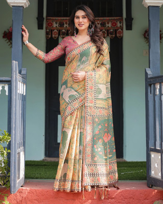 DHAYNAAND REEWA FASHION Digital Print Kalamkari Linen Saree(Multicolor)