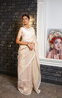 LABELMAVI Self Design Handloom Handloom Cotton Linen Saree(Cream)