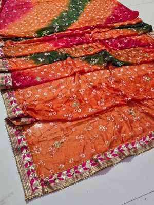 NeeLKANTH ENTERPRISE Checkered, Digital Print, Self Design, Printed Bandhani Art Silk Saree(Orange)