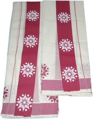 SETMUNDU WHITE FLOWER Printed Mundum Neriyathum Handloom Pure Cotton Saree(White)